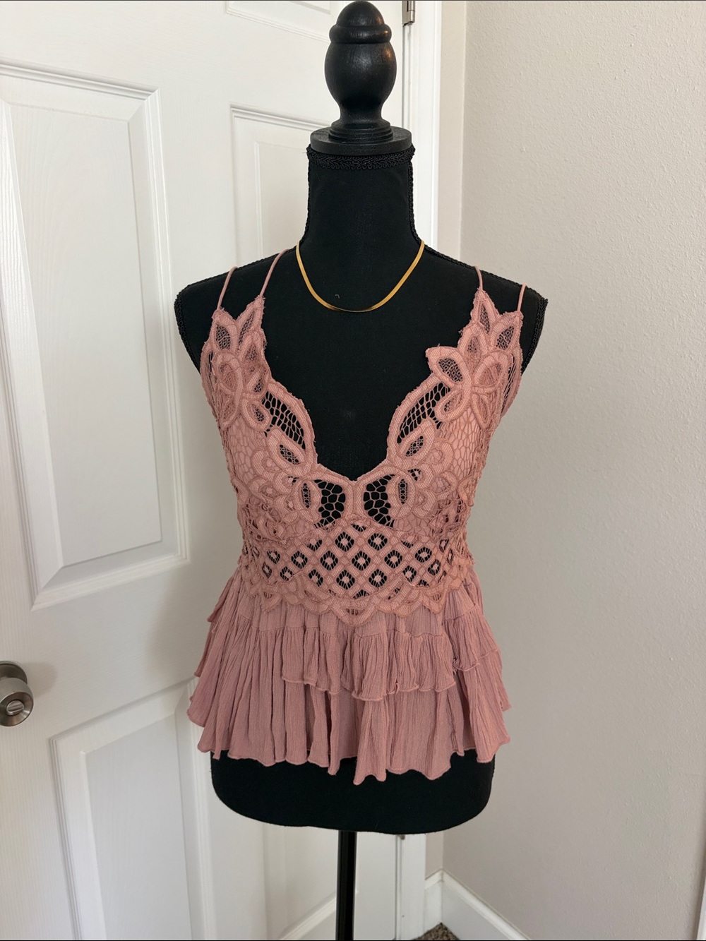 Free People Lace Crochet Ruffle Tank Top - Dusty Rose